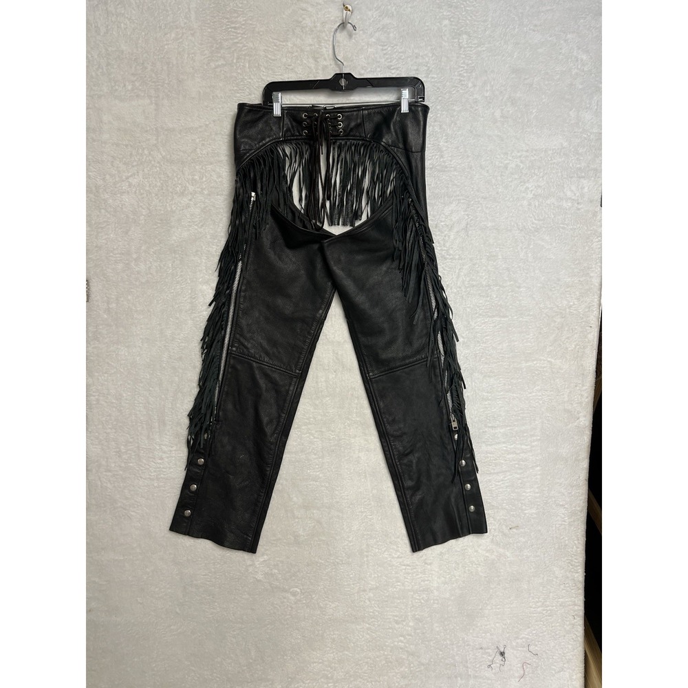 Interstate Leather Fringe Motorcycle Chaps Black Leather Size Large L